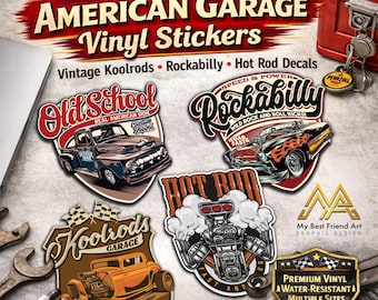 Oldschool American Garage Vinyl Decals – Vintage Koolrods, Hot Rod Stickers, Rockabilly Car Art, Retro Garage Decor