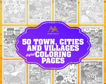 50 pages à colorier à imprimer de villages et de villes | Paysages urbains et paysages, téléchargement numérique pour la détente
