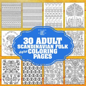 30 !Digital! Adult Scandinavian Folk Coloring Pages, printable mindset resources, mindset coloring, relaxation, pattern coloring