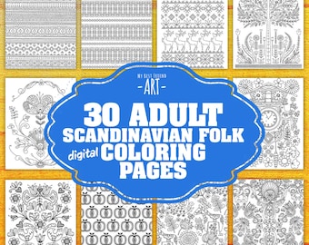 30 !Digital! Adult Scandinavian Folk Coloring Pages, printable mindset resources, mindset coloring, relaxation, pattern coloring