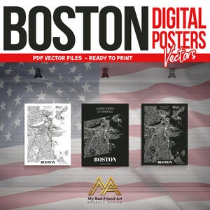 Pode incluir: Três designs de pôsteres digitais com um mapa de Boston, Massachusetts. Os pôsteres são em preto e branco, com um pôster tendo um fundo branco e os outros dois tendo um fundo preto. O texto "UNITED STATES OF AMERICA" e "BOSTON" está incluído em cada pôster.
