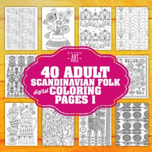 40 !Digital! Adult Scandinavian Folk Coloring Pages, printable mindset resources, mindset coloring, relaxation, pattern coloring