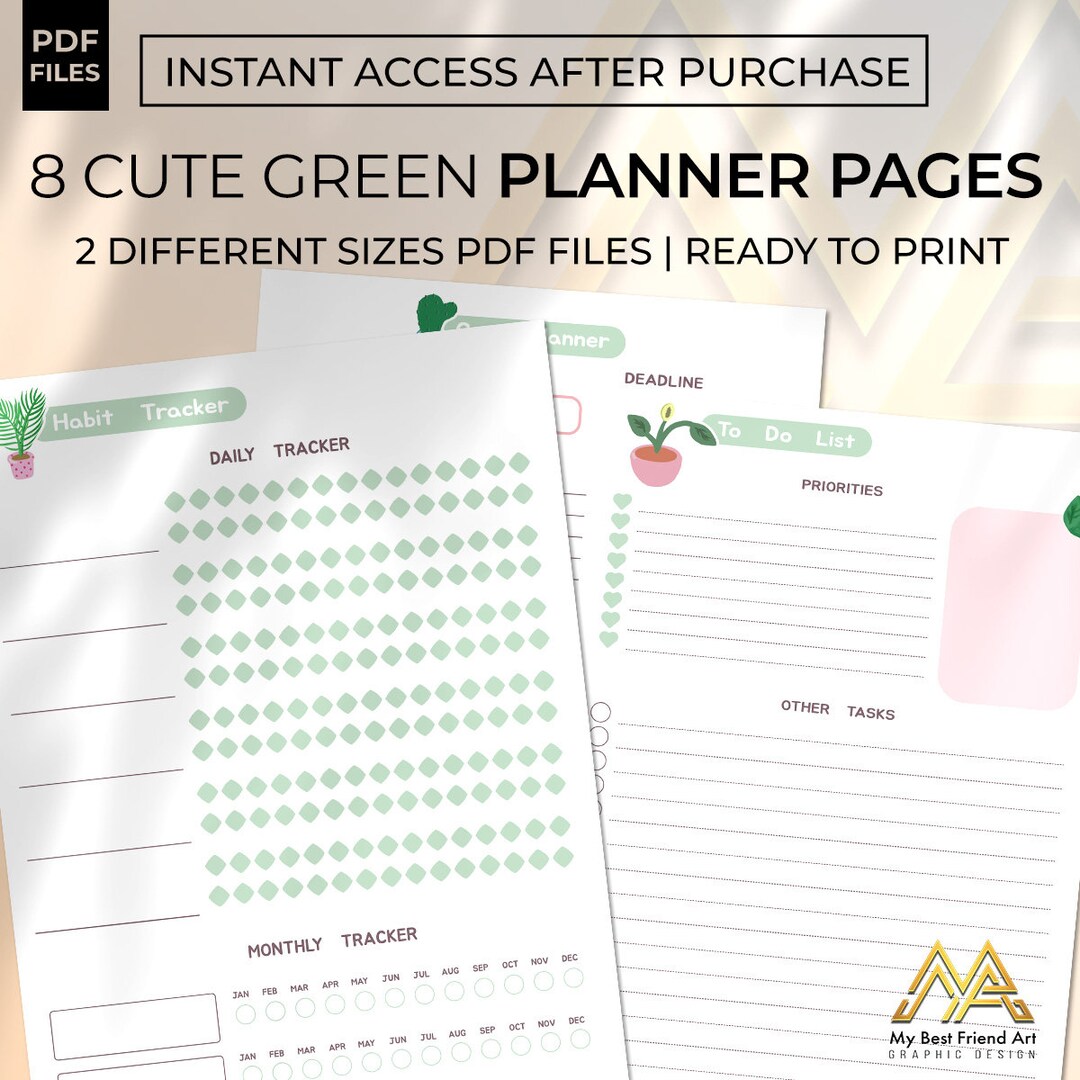 DIGITAL 8 Cute Green Printable Planner Personal Meal Habit Daily ...