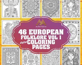 Puede incluir: Un conjunto de 46 páginas para colorear digitales con diseños de folclore europeo. Las páginas incluyen patrones intrincados, animales y criaturas míticas. El título "46 EUROPEAN FOLKLORE VOL I digital COLORING PAGES" se muestra en una pancarta rosa y morada.