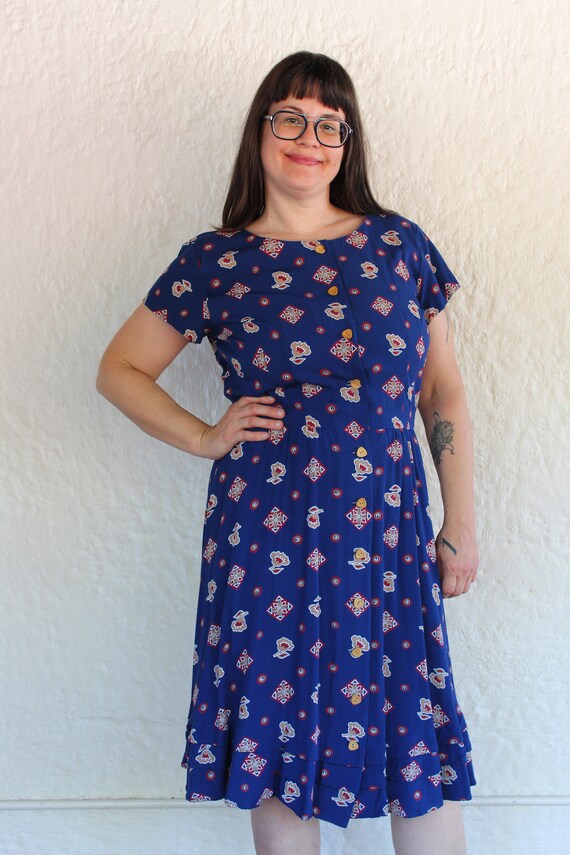 Navy Button Down Dress with Geometric and Floral … - image 2