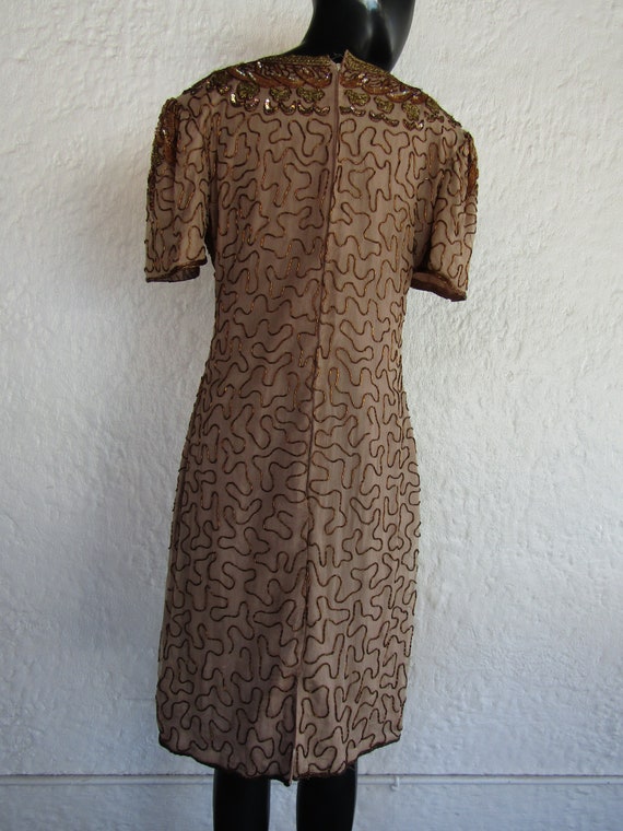 Gold and Beige Beaded Dress/ Medium/ 80's Fashion… - image 6