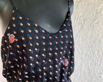 Vestido de tirantes de espagueti negro con estampado floral / Medio / Moda de los años 70 / Vintage
