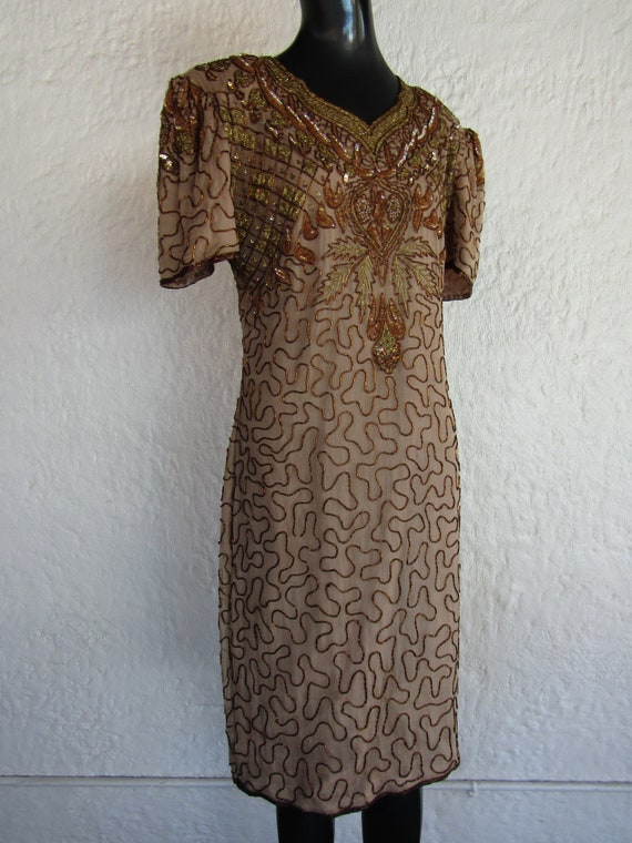 Gold and Beige Beaded Dress/ Medium/ 80's Fashion… - image 1