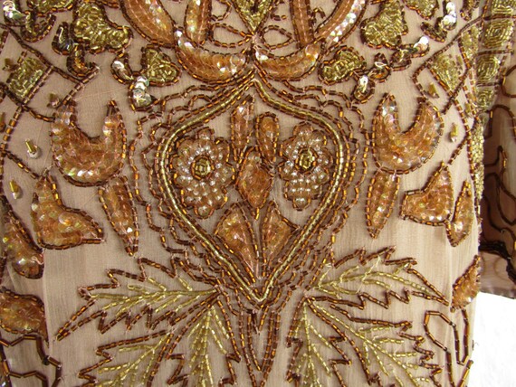 Gold and Beige Beaded Dress/ Medium/ 80's Fashion… - image 5