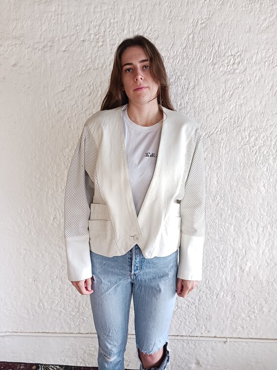 White Leather Jacket / Large / 80's Fashion / Vin… - image 2