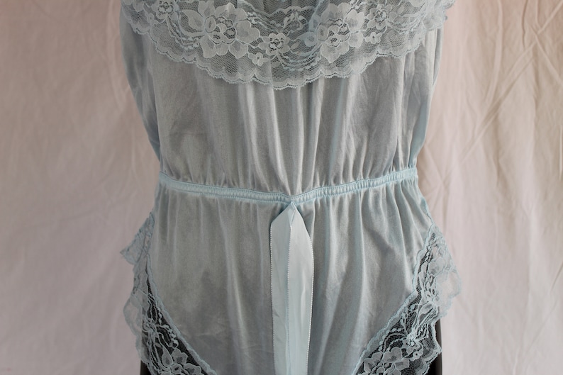 Light Blue Teddy with Lace Trim and Ribbon Belt 80/'s /& 90/'s Fashion VIntage
