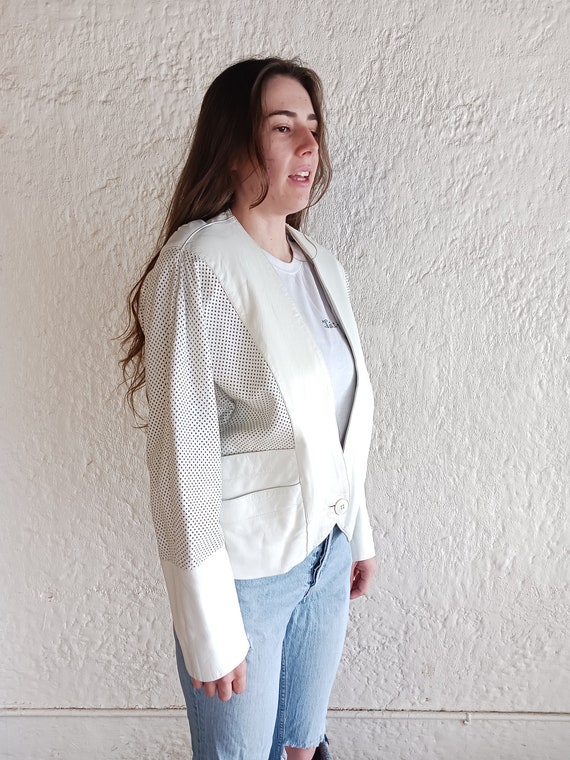 White Leather Jacket / Large / 80's Fashion / Vin… - image 4