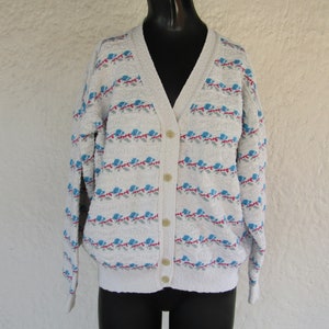 White Cardigan with Floral Vine Pattern/ Large/ 80&#39;s Fashion/ Vintage
