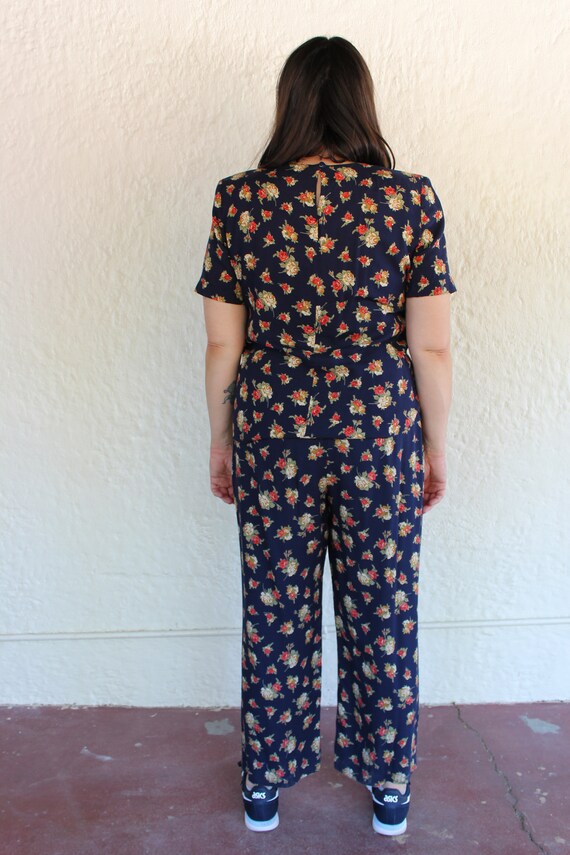Navy Blue Two Piece with Earth Tone Floral Patter… - image 4