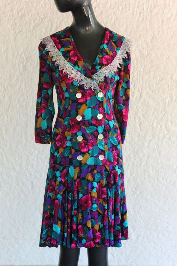 Bright Magenta, Turquoise and Goldenrod Dress wit… - image 1