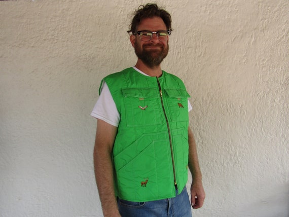 Bright Green Zipper Vest with Embroidered Animals… - image 2