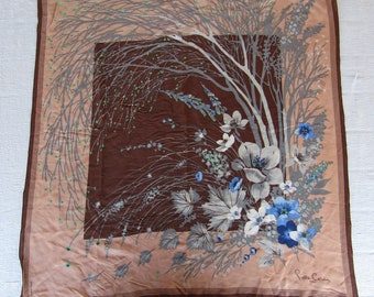 Brown Silk Scarf with Trees and Bouquet Pierre Cardin / 29" x 29" / 70's & 80's Fashion / Vintage