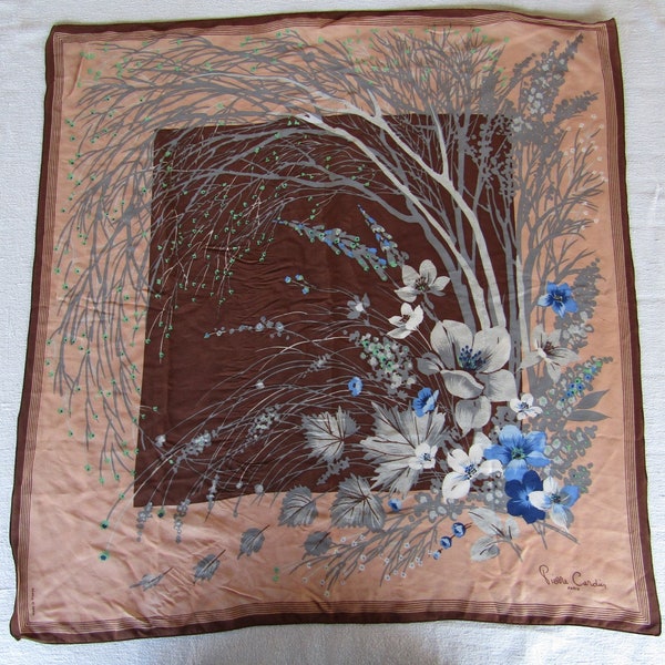 Brown Silk Scarf with Trees and Bouquet Pierre Cardin / 29" x 29" / 70's & 80's Fashion / Vintage