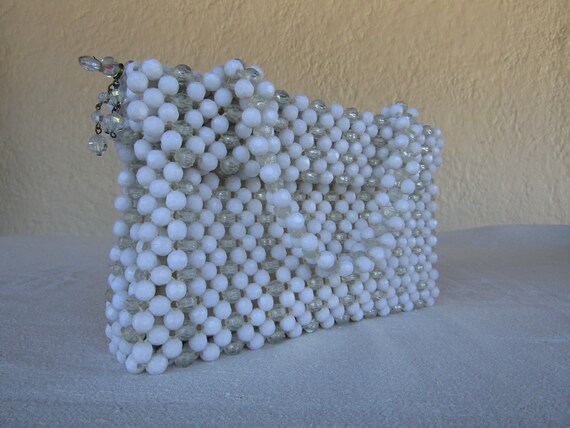 White and Clear Beaded Handbag / 10" by 11"/ 50's… - image 1