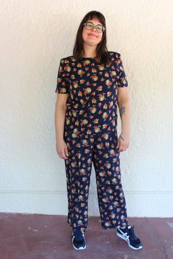 Navy Blue Two Piece with Earth Tone Floral Pattern