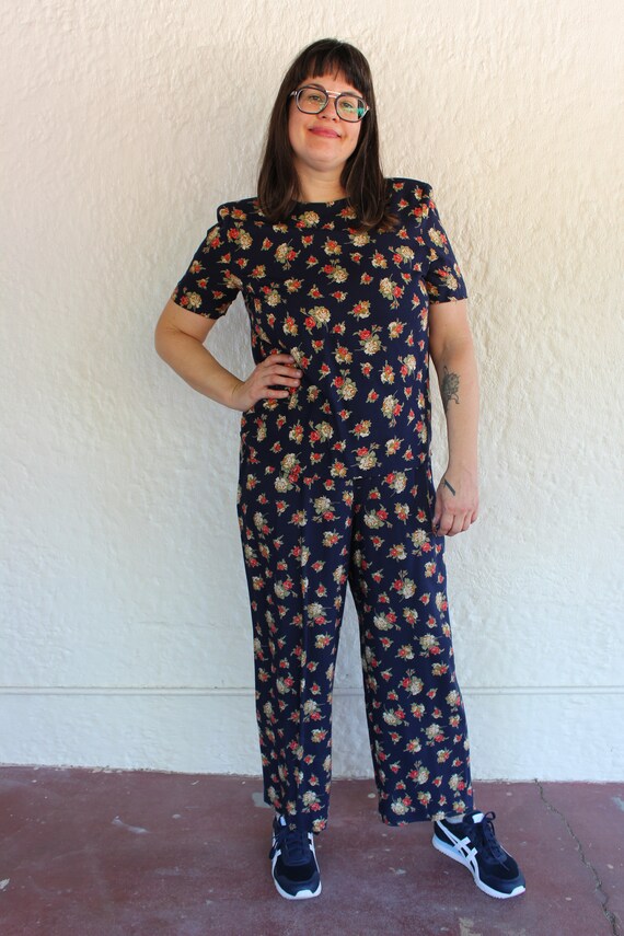 Navy Blue Two Piece with Earth Tone Floral Patter… - image 2