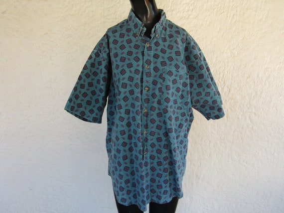 Teal Button Down with Geometric Pattern/ Large/ 90