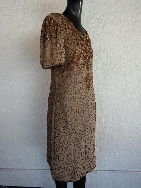 Gold and Beige Beaded Dress/ Medium/ 80's Fashion… - image 2