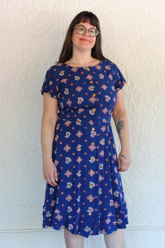 Navy Button Down Dress with Geometric and Floral … - image 1