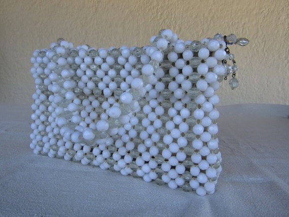 White and Clear Beaded Handbag / 10" by 11"/ 50's… - image 3