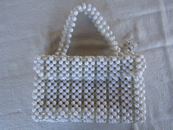 White and Clear Beaded Handbag / 10" by 11"/ 50's… - image 5