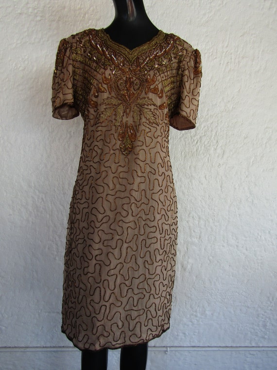 Gold and Beige Beaded Dress/ Medium/ 80's Fashion… - image 3