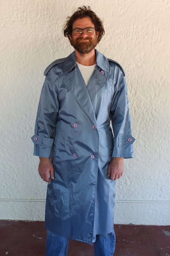 Periwinkle Trench Coat/ Medium/ 80's 