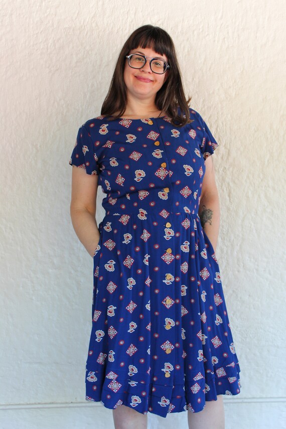 Navy Button Down Dress with Geometric and Floral … - image 4