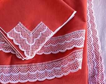Deep Orange with White Trim Oval Table Cloth and Napkins / 7 Pieces / 60's & 70's Fashion / Vintage