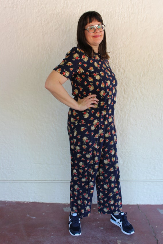 Navy Blue Two Piece with Earth Tone Floral Patter… - image 3