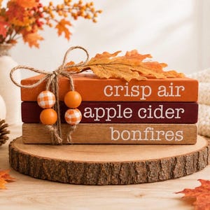Wooden Book Stack Decor | Fall Autumn Tiered Tray Accent, Crisp Air, Bonfires