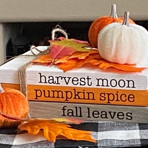 May include: Three stacked wooden blocks with the words "harvest moon", "pumpkin spice", and "fall leaves" painted on them. The blocks are decorated with orange and white pumpkins and fall leaves.