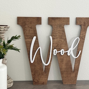May include: A large, dark brown wooden letter W with a smooth finish. Overlaid on the center of the letter is the word Wood written in a white, cursive script font. The letter is constructed from a flat, solid piece of wood with visible grain.