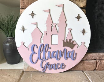 Princess Castle Name Sign, Girls Room Decor, Princess Castle Custom Name Sign, Nursery Sign, Over the Crib Sign, Round Nursery Name Sign