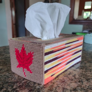 May include: A brown and beige tissue box cover with a red maple leaf design. The cover is made of plastic canvas and has a white tissue box insert.