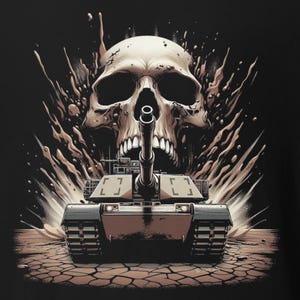 Puede incluir: Un diseño gráfico en negro y marrón de una calavera con un tanque que emerge de su boca. La calavera está rodeada de un efecto de explosión marrón.