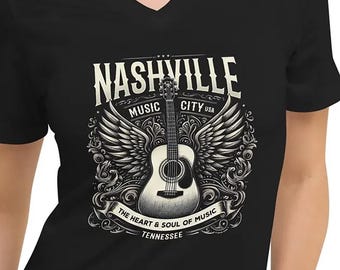 Camiseta unisex de manga corta con cuello en V - Nashville Music City - El corazón y el alma de la música -