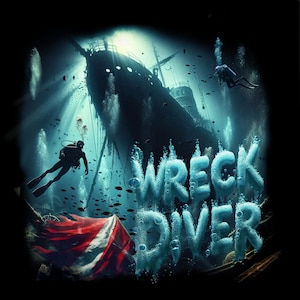 May include: A scuba diver swims towards a sunken shipwreck in the ocean. The words "WRECK DIVER" are written in blue letters with bubbles around them.