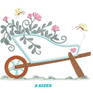 Blumenwagen Stickmuster - Stickdatei Blumenkorb Garten mit Schmetterlingen Stickmuster - Gepunktete Küchenhandtücher - Sofort Download