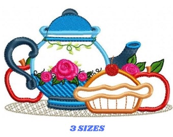 Pie embroidery design - Teapot applique machine embroidery pattern - Kitchen Towel file - Apple pie applique - Instant download pes jef dst