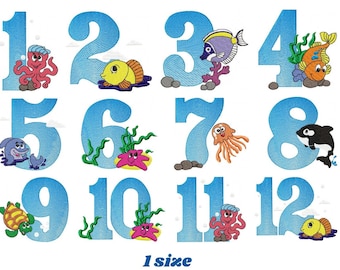 Birthday Numbers embroidery designs set - Numbers with sea animals Embroidery Design Machine embroidery file - Numbers with fishes design