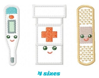 Thermometer embroidery design - Band aid embroidery design machine embroidery pattern - Pill box embroidery emergency medical kit applique