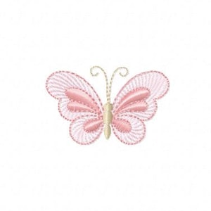May include: A delicate, embroidered butterfly design. The butterfly features soft pink wings with detailed stitching, a light beige body, and thin, curved antennae. The design is set against a clean white background, creating a simple and elegant aesthetic.