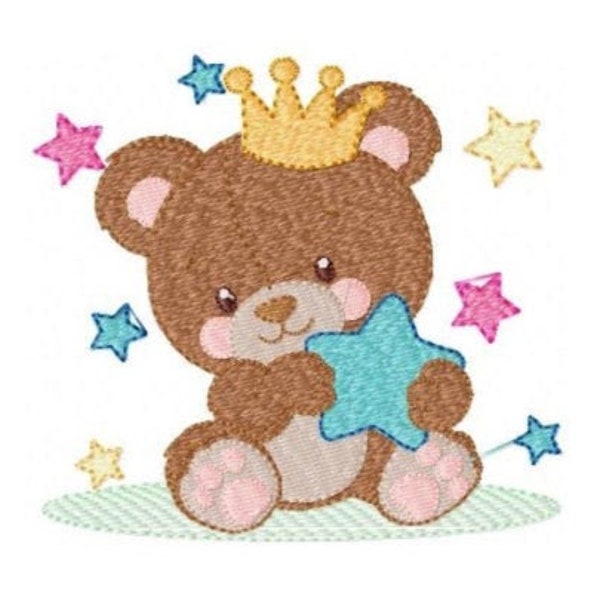 Bären Stickdateien - Bär mit Krone Stickmuster Maschinenstickmuster - Teddybär Stickdatei Baby Kind Neugeborenes Kinderzimmer