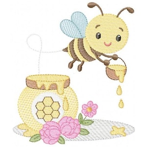 May include: An embroidered design featuring a cartoon bee carrying a honey pot. The bee is yellow and brown with blue wings. A honey pot with a honeycomb design and pink flowers are also included. The text "5 SIZES" is at the bottom.